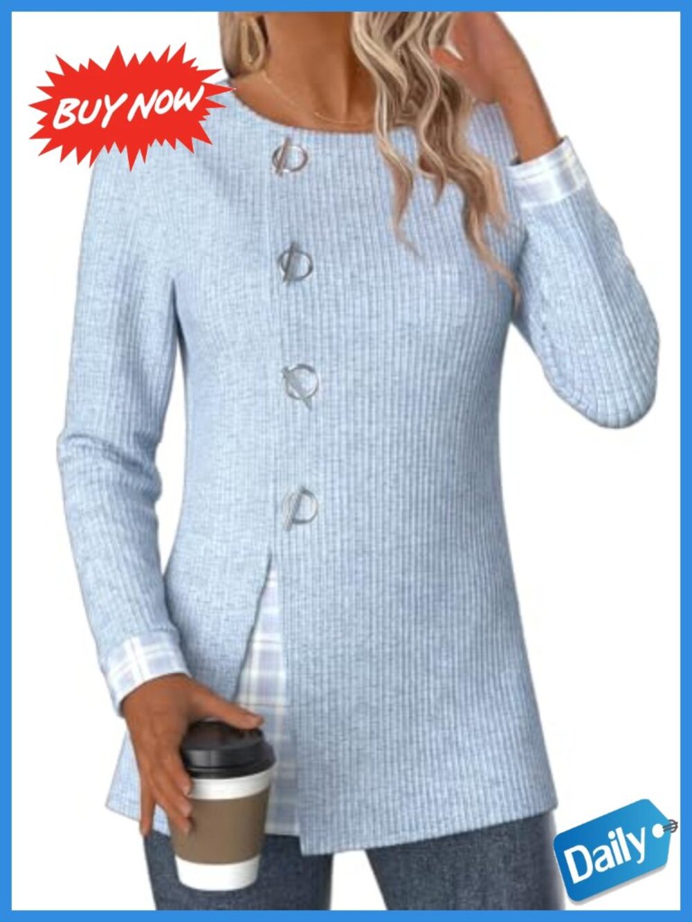Ribbed Knit Tunic Top Long Sleeve Round Neck Button Blouse